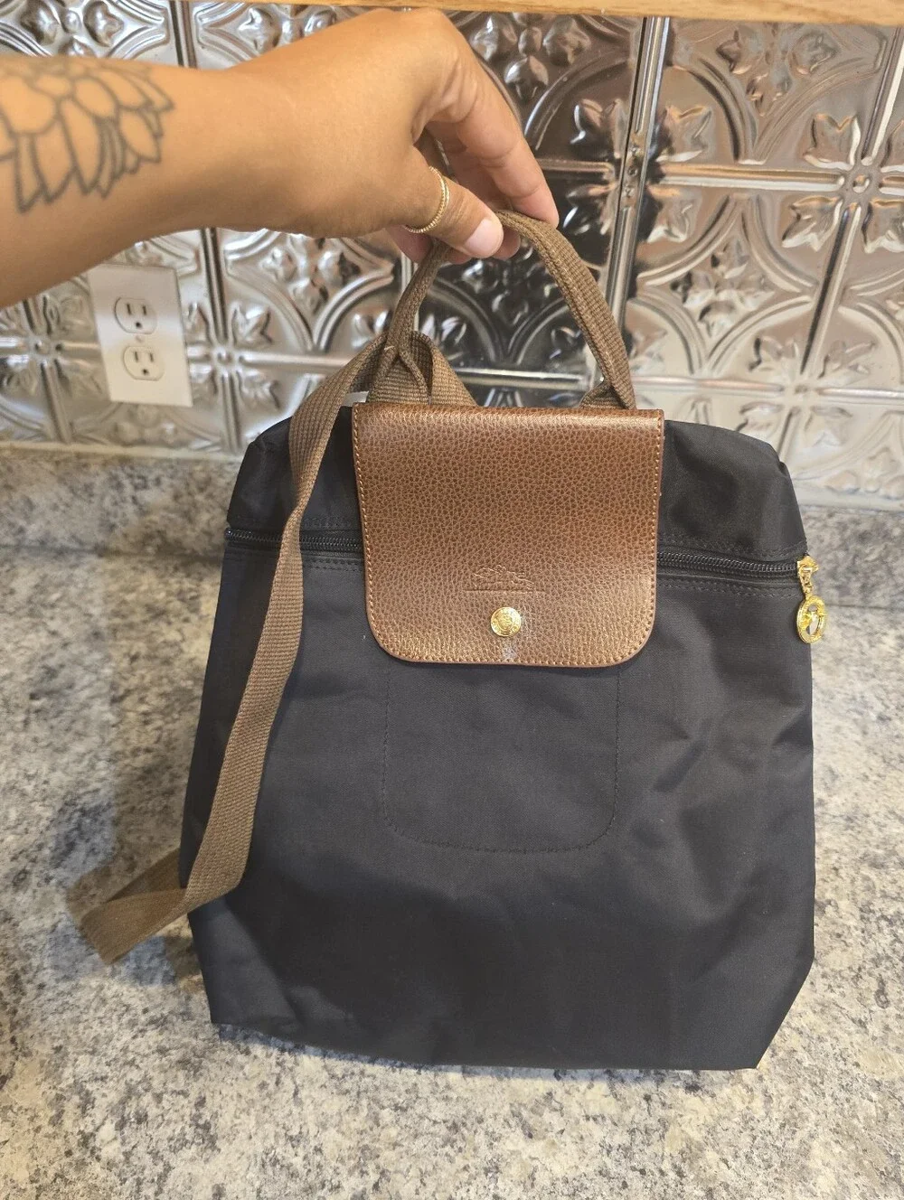 Longchamp Le Pliage Black Backpack Brown Trim Gold Hardware